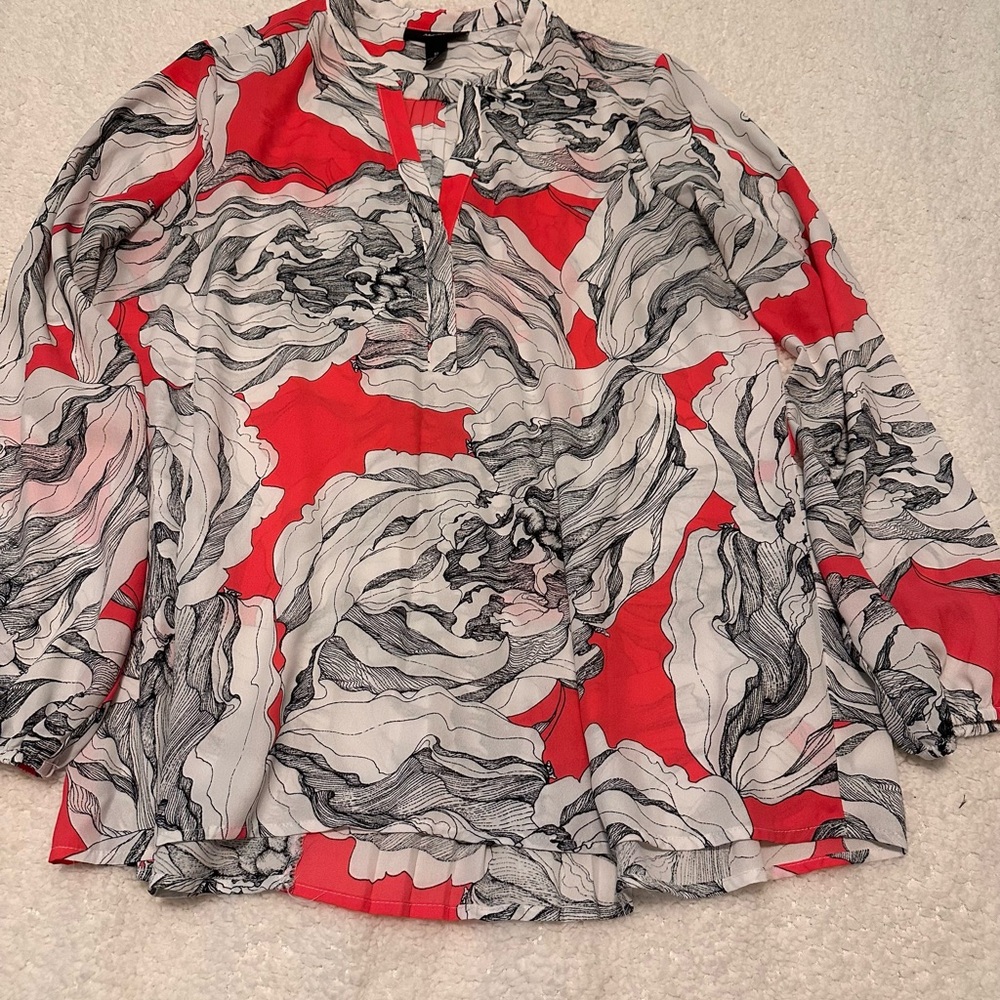 Alfani Coral & Black Blouse w/ Mandarin Collar